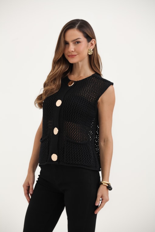 Colete Em Tricot Bolsos E Botões Grandes Preto
