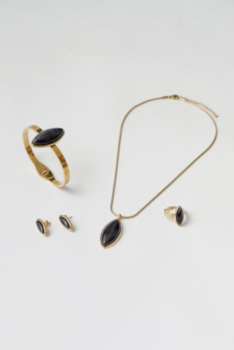 Conjunto 4 Peças Pedra Oval Resina Preto