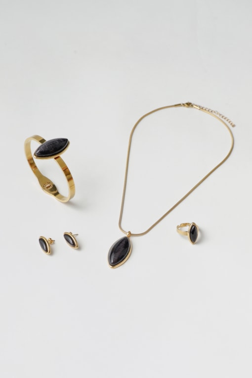 Conjunto 4 Peças Pedra Oval Resina Preto