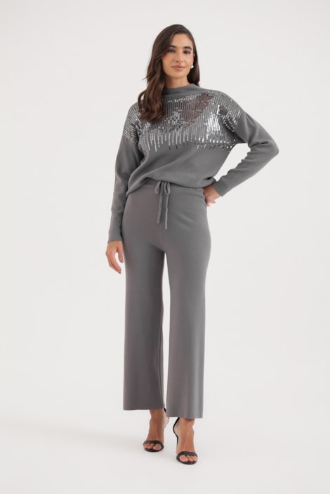 Conjunto Tricot Com Detalhe Em Paetê Cinza