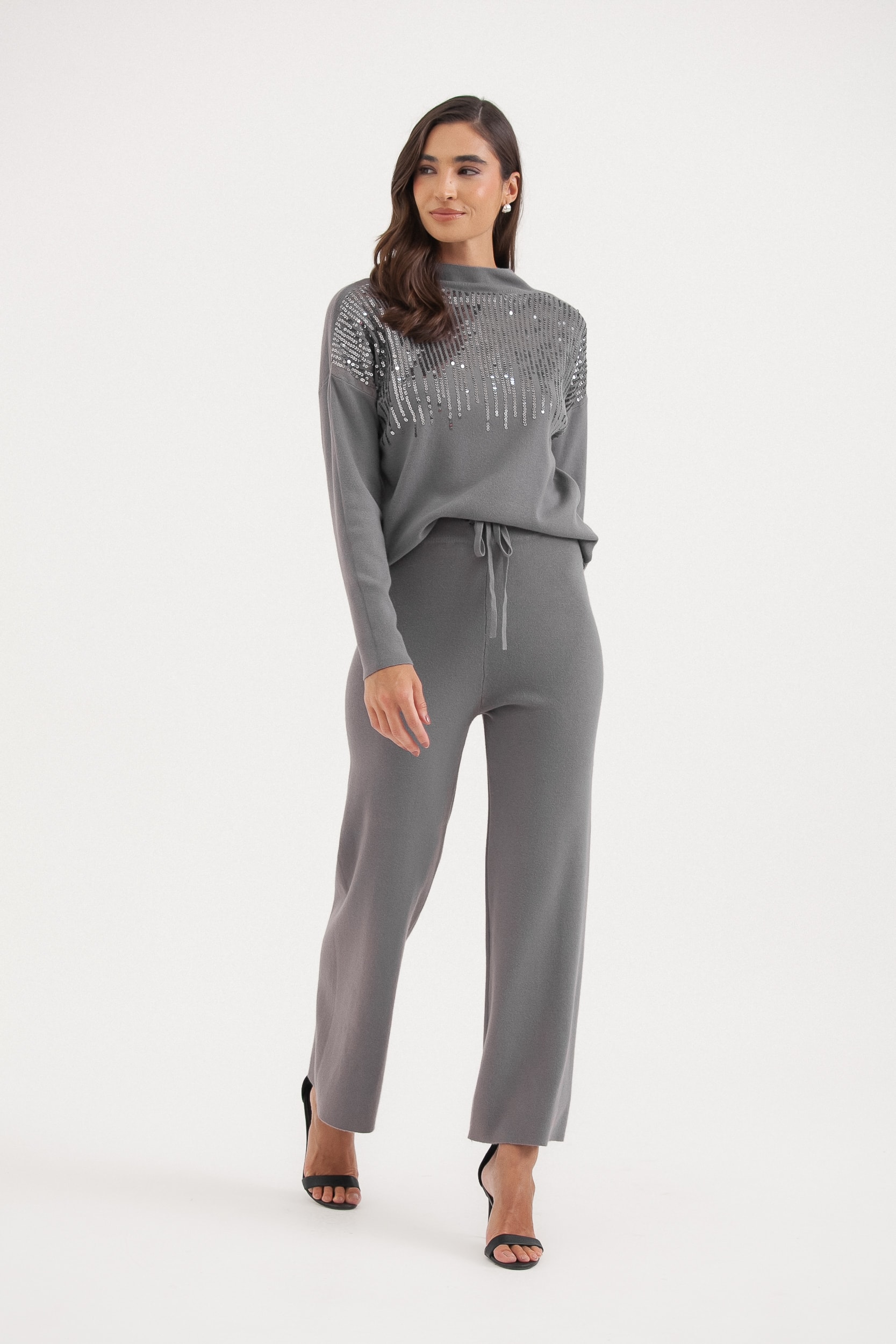 Conjunto Tricot Com Detalhe Em Paetê Cinza