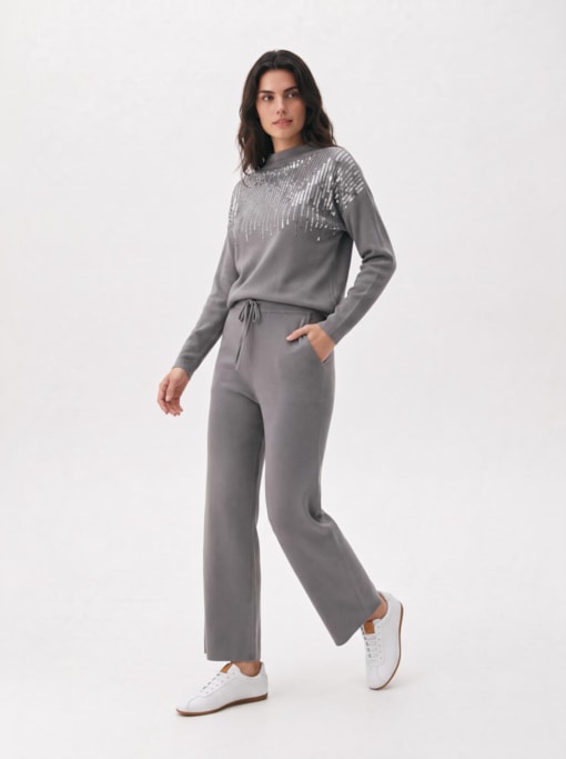 Conjunto Tricot Com Detalhe Em Paetê Cinza