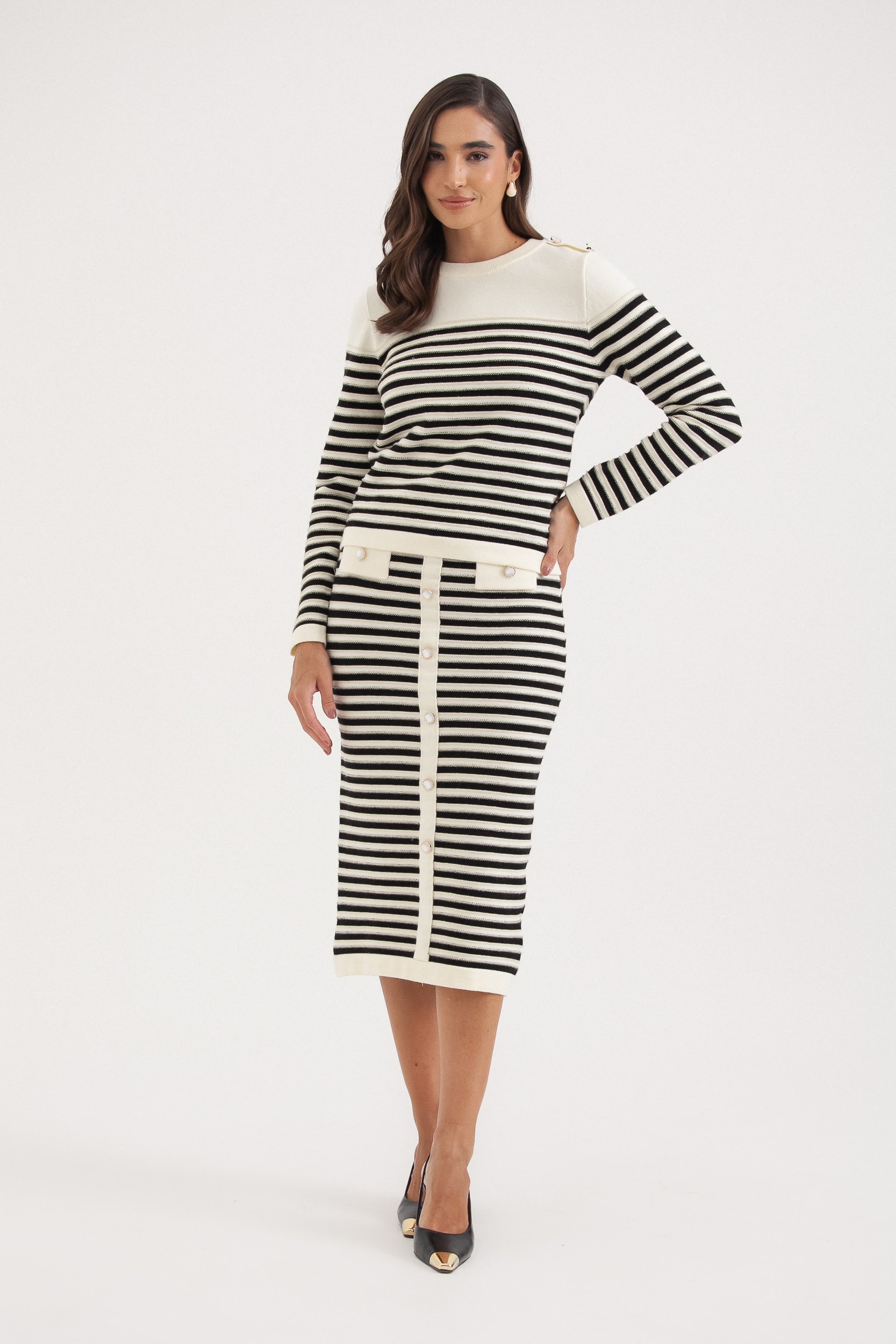 Conjunto Tricot Listrado Com Saia Off-white