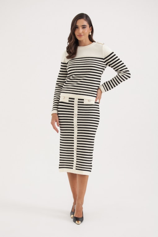 Conjunto Tricot Listrado Com Saia Off-white