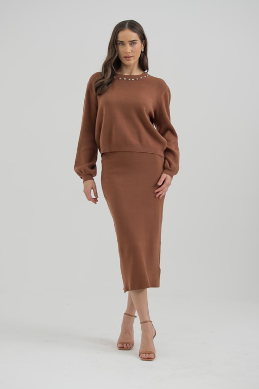 Conjunto Tricot Saia Marrom