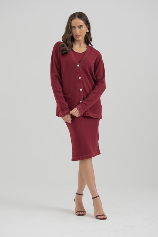 Conjunto Tricot Vestido E Cardigan Vinho