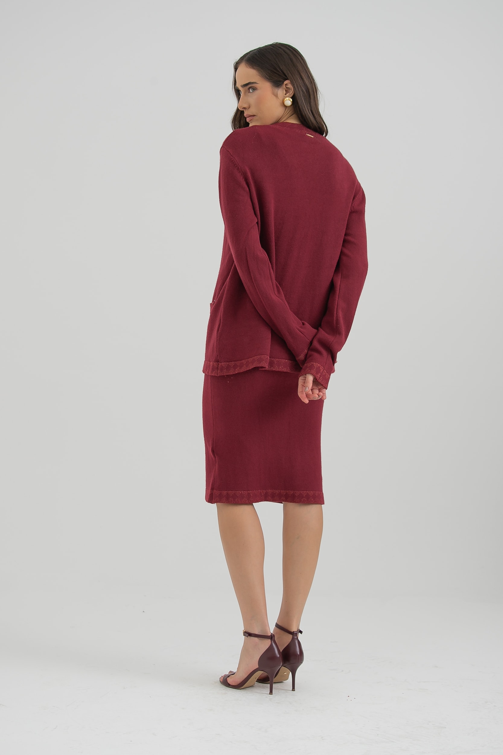 Conjunto Tricot Vestido E Cardigan Vinho