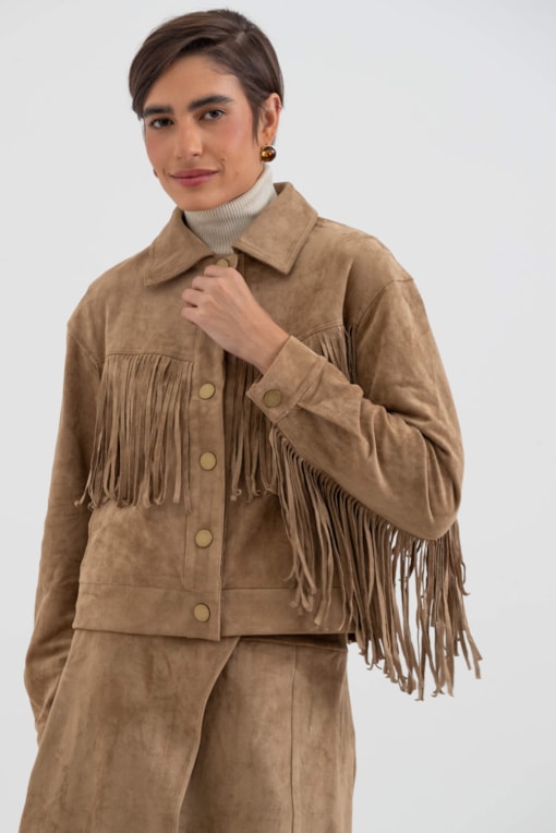 Jaqueta Em Suede Com Franjas Bege