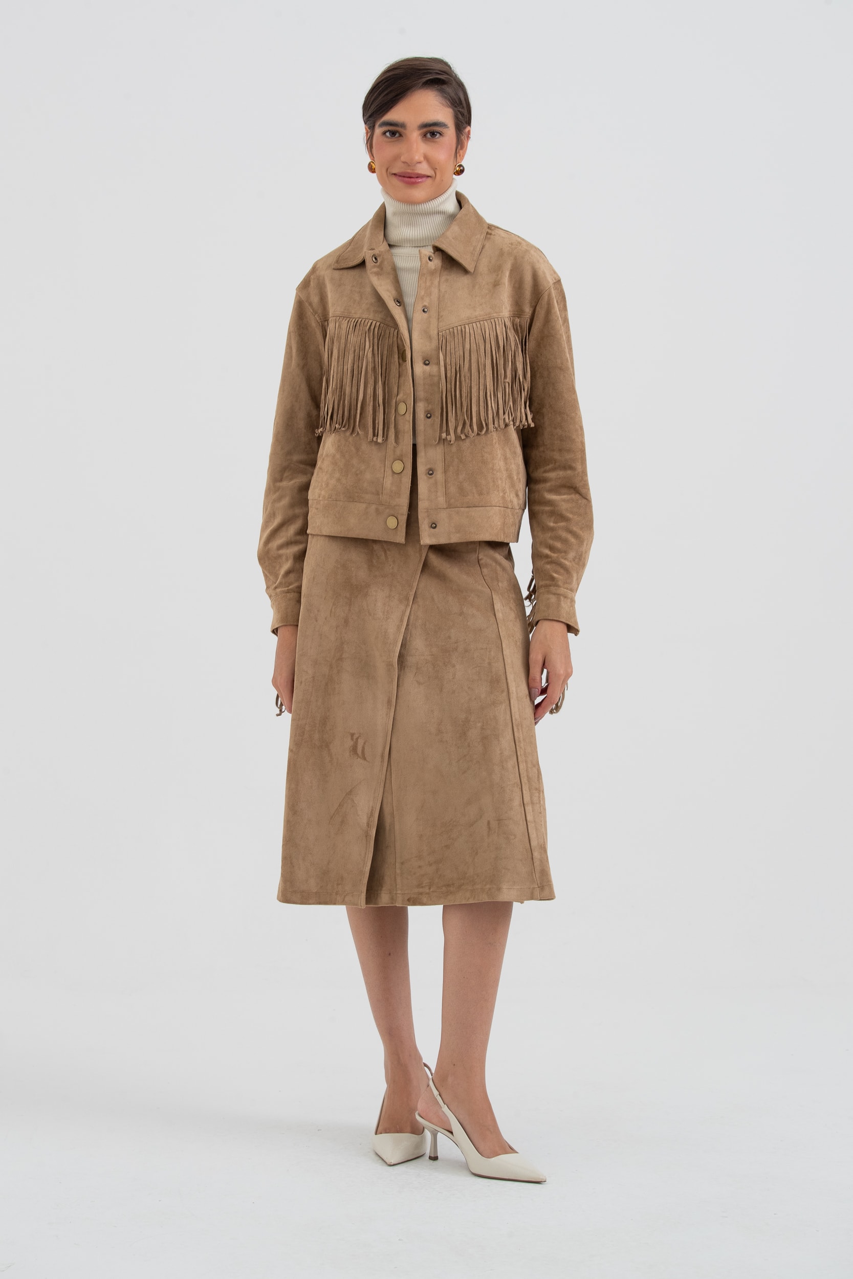 Jaqueta Em Suede Com Franjas Bege