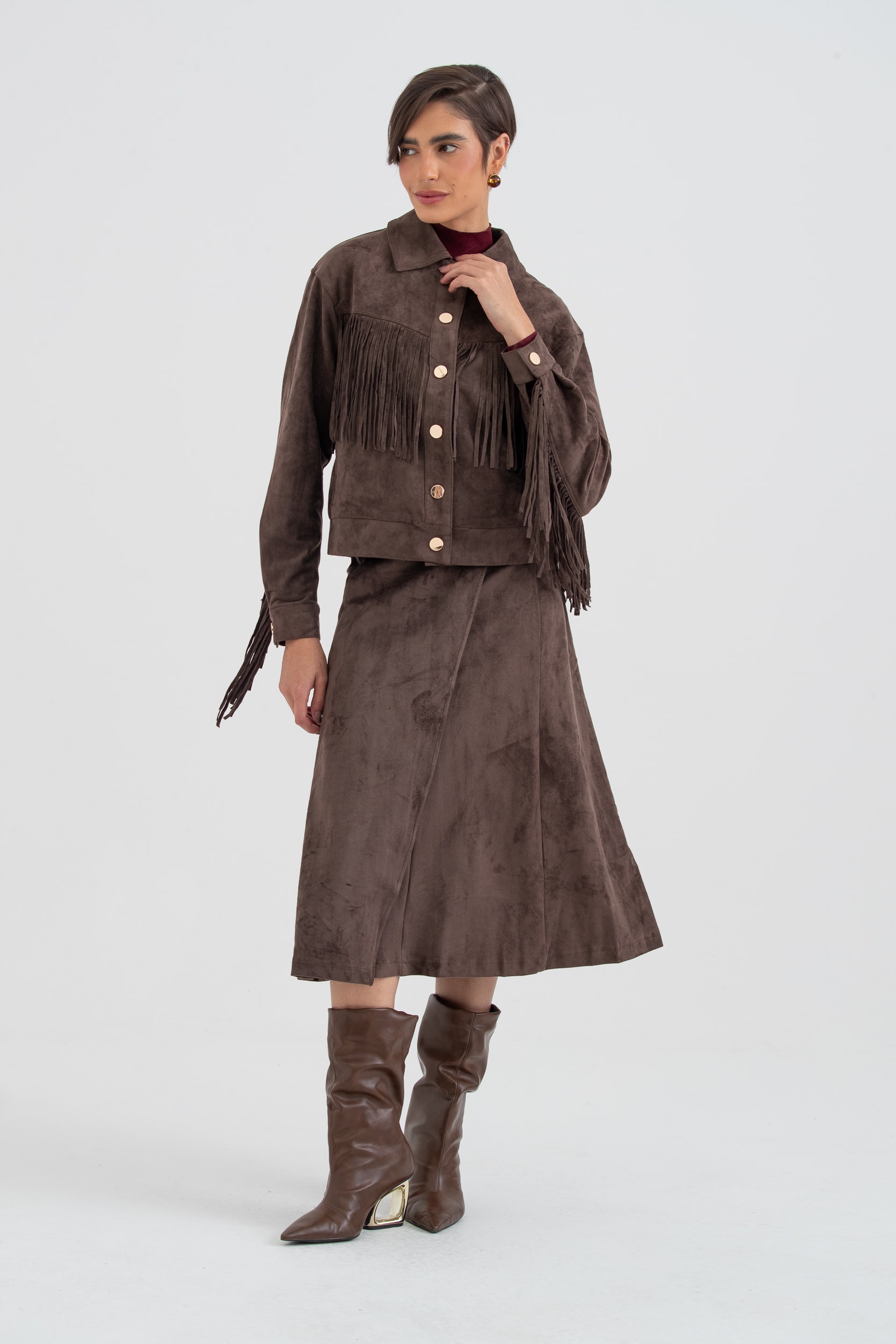 Jaqueta Em Suede Com Franjas Marrom