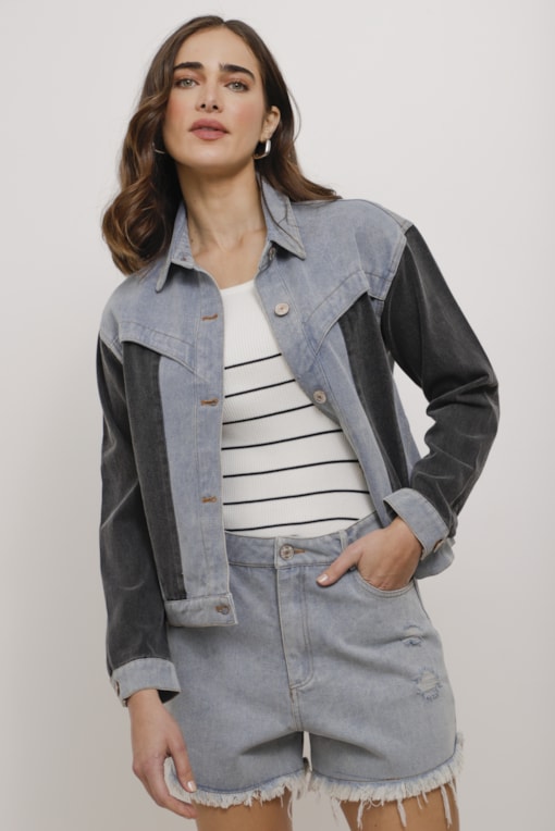 Jaqueta Jeans Color Recortes Preto
