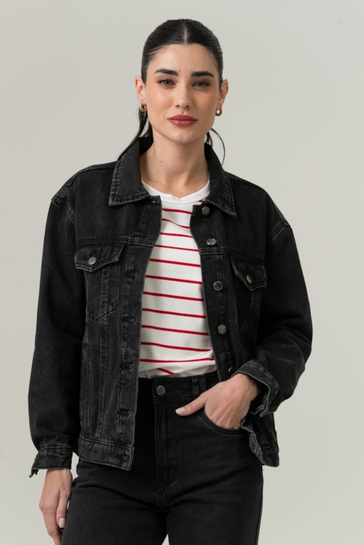 Jaqueta Jeans Oversized Noir  Preto