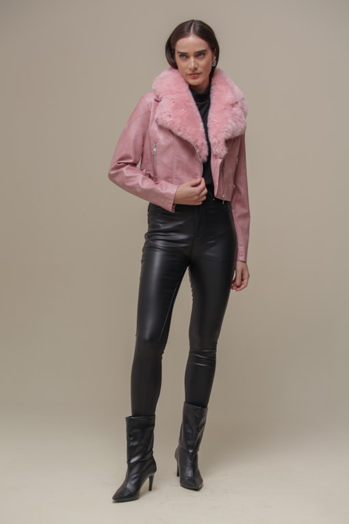Jaqueta PU Com Gola de Pelo  Rosa