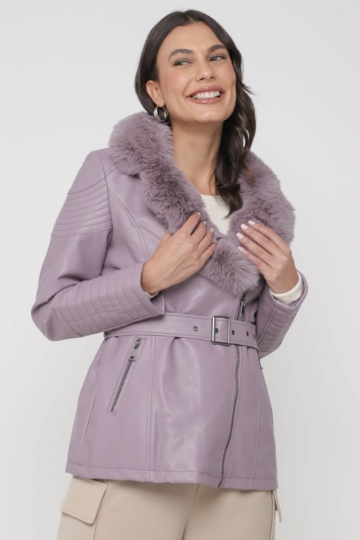 Jaqueta PU Gola Com Pelo  Lilas