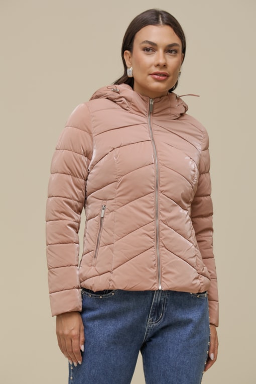Jaqueta Puffer Basic Com Capuz  Rosa blush