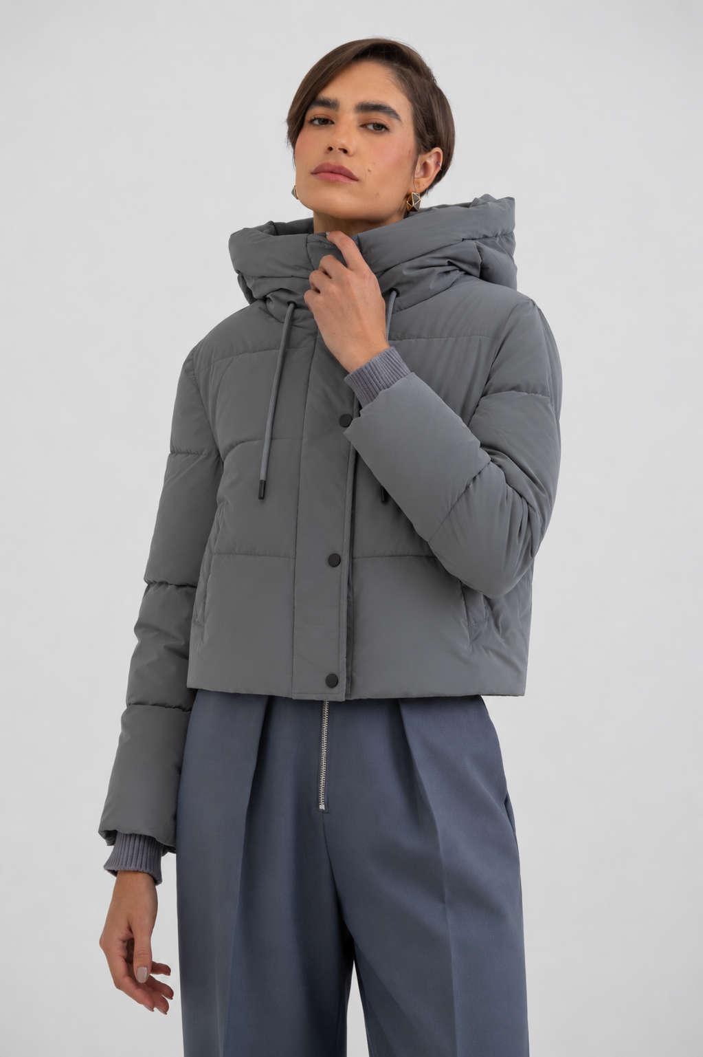 Jaqueta Puffer Com Capuz Cinza