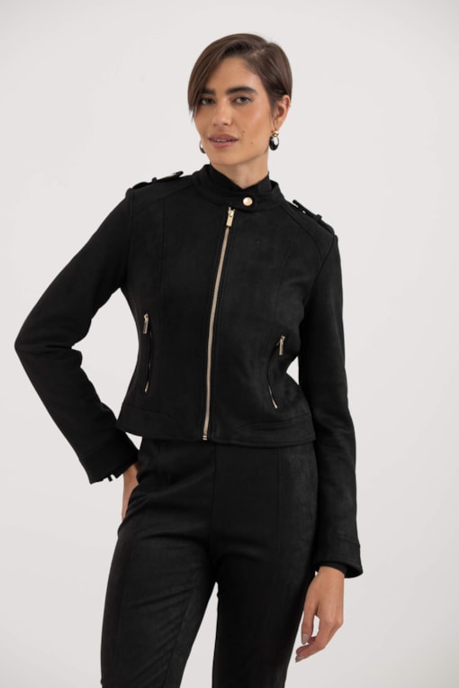 Jaqueta Suede Com Zíper Preto