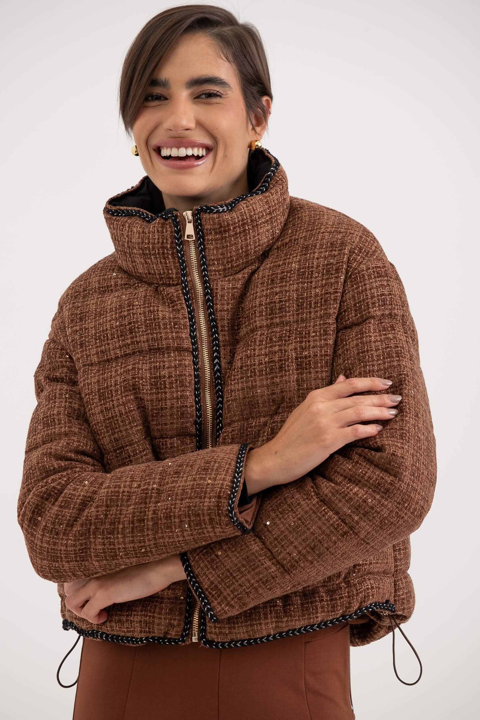 Jaqueta Zíper Tweed Com Vivos E Bolsos Marrom