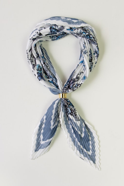Lenço Plissado Flores E Borboletas  Azul