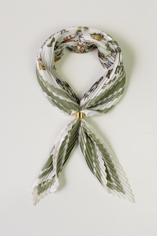 Lenço Plissado Flores E Borboletas  Verde 