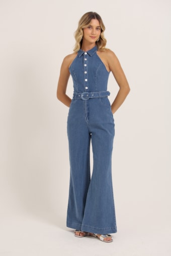 Macacão Jeans Cava Americana Com Gola Jeans