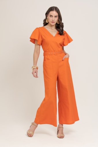 Macacão Pantalona Com Faixa Laranja