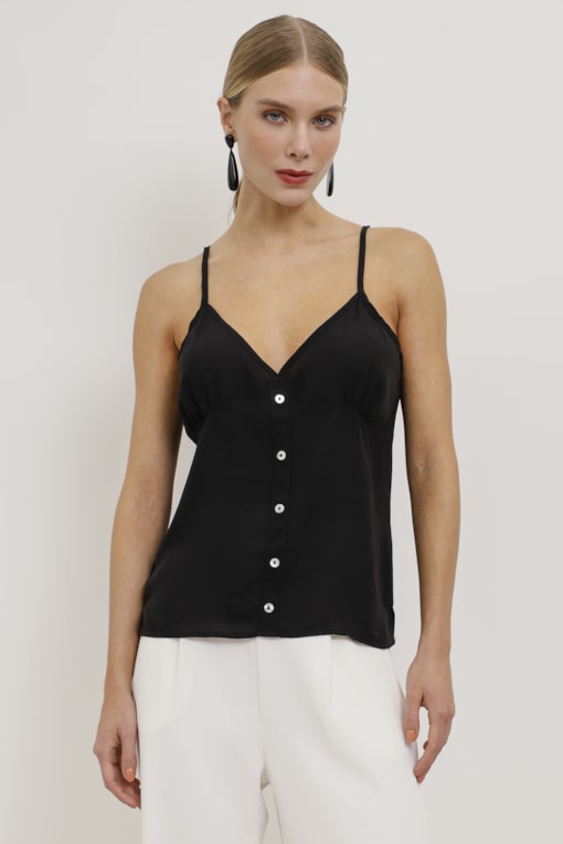 Regata Alcinha Georgette Detalhe Botões   Preto