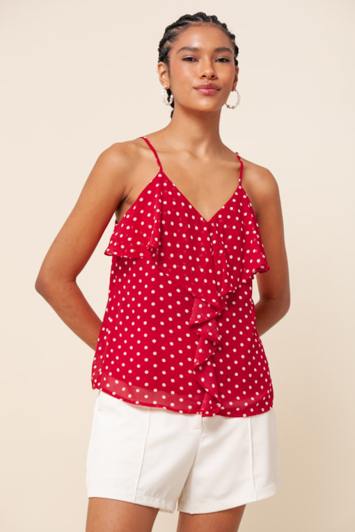 Regata Chiffon Babado Poá Vermelho