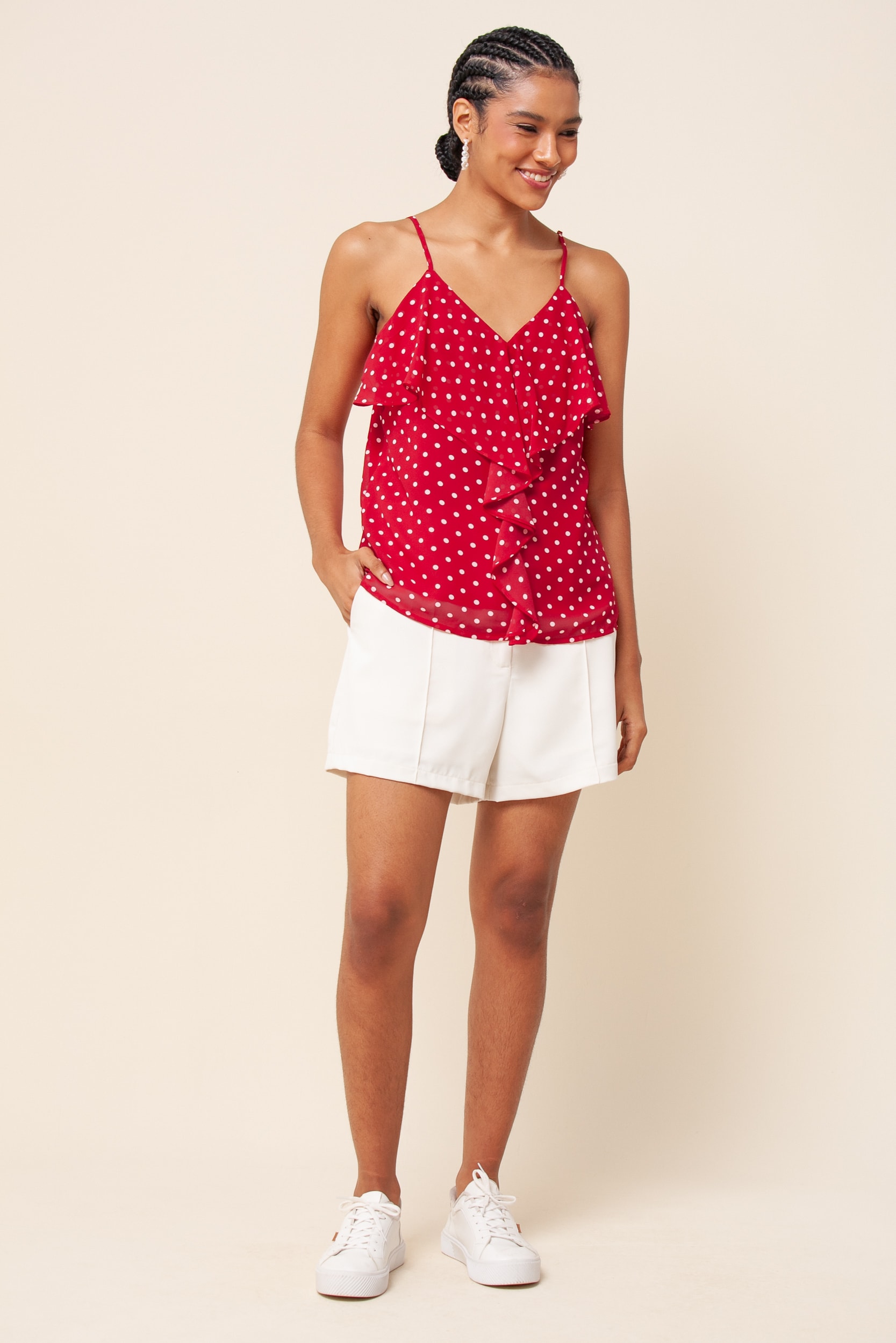 Regata Chiffon Babado Poá Vermelho