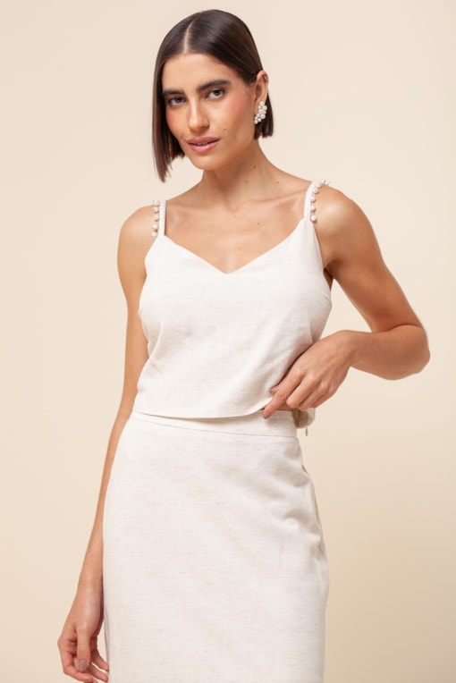 Regata Cropped Detalhe Pérolas Viscolinho Off-white
