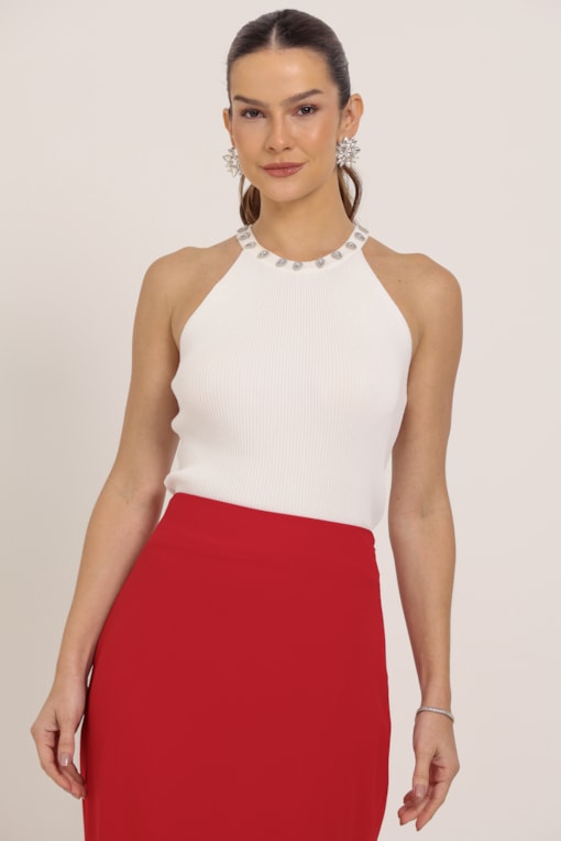 Regata Tricô Cava Americana Detalhe Brilhos Off-white