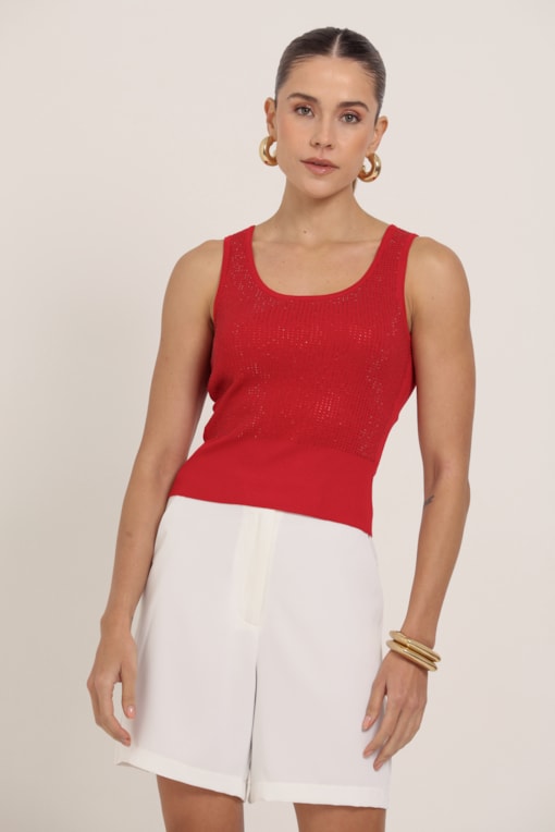 Regata Tricô Com Brilho Vermelho