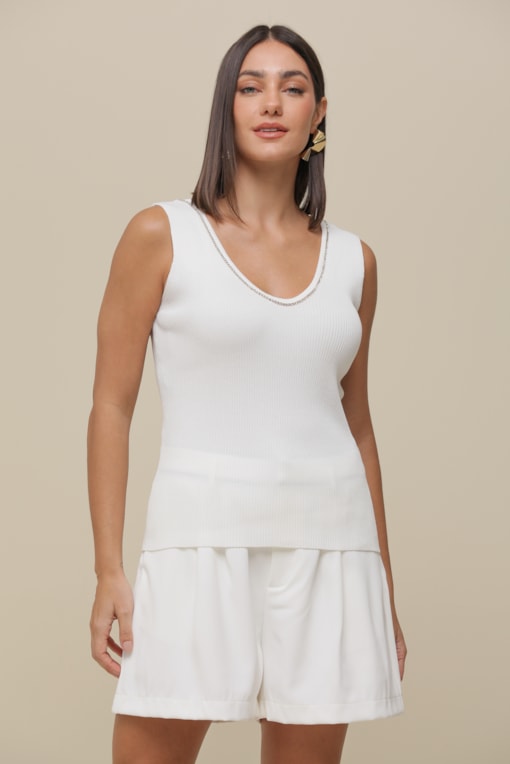 Regata Tricô Com Brilhos   Off-white