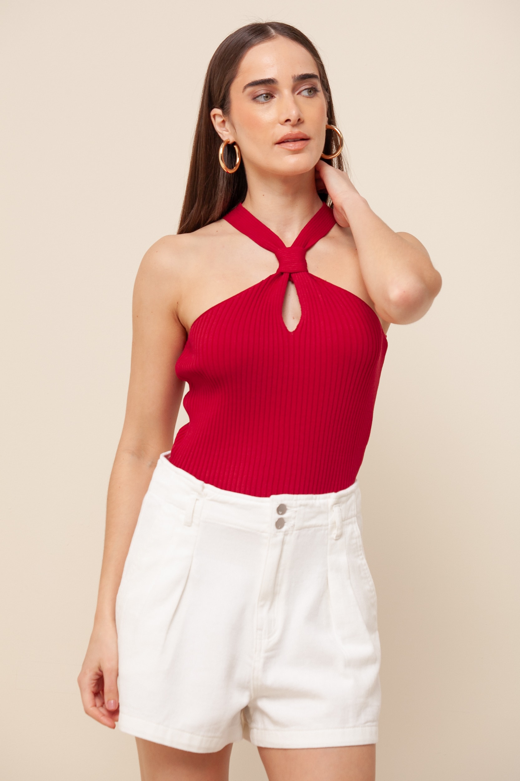 Regata Tricô Gola Com Detalhe   Cereja