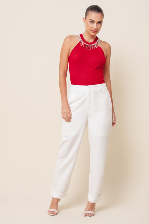 Regata Tricô Strass Cava Americana Vermelho