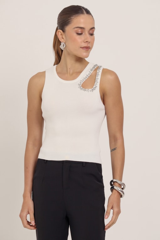 Regata Tricô Vazado Brilho Branco
