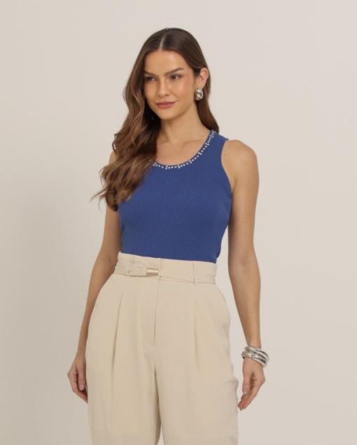 Regata Tricot Com Brilhos Azul