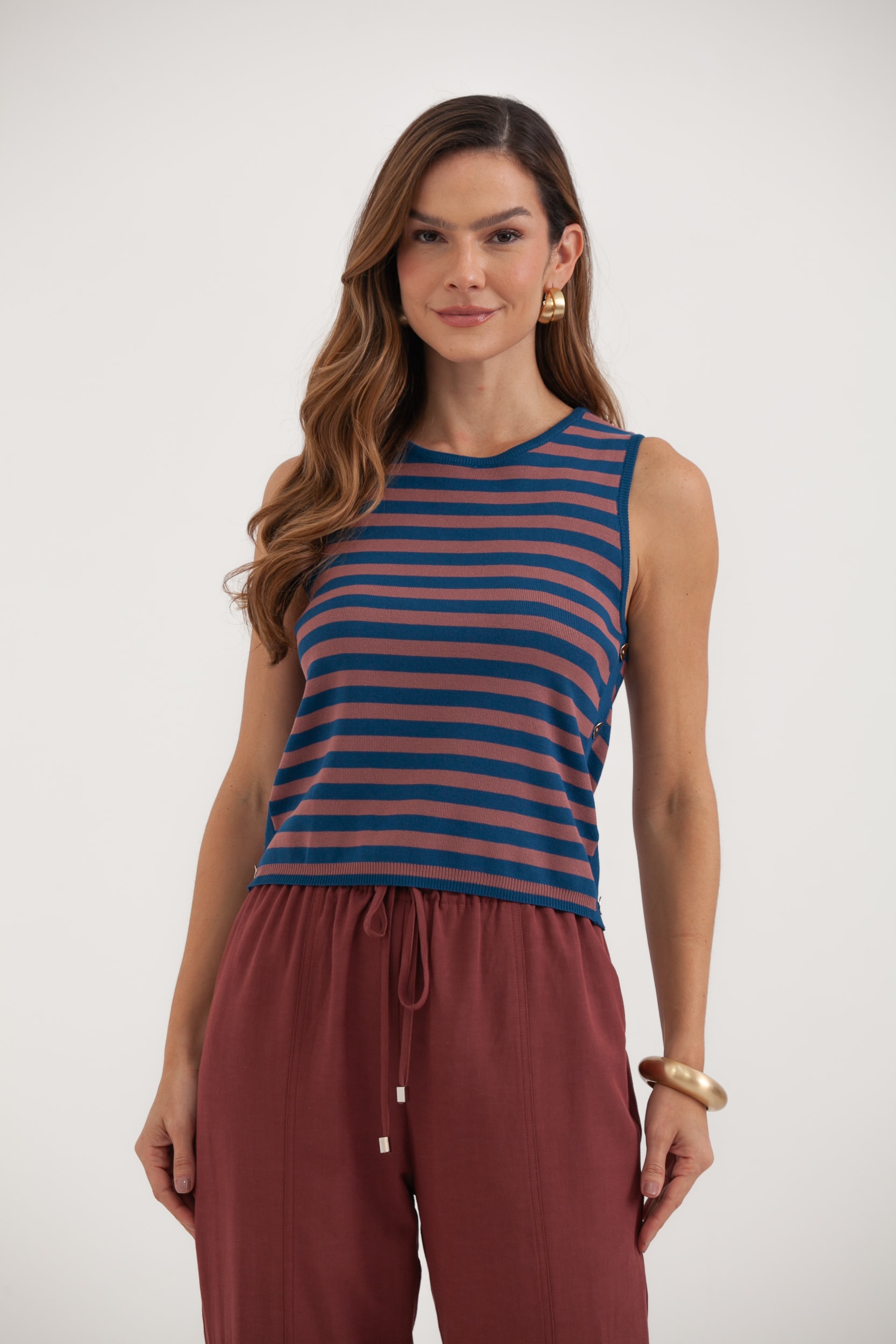 Regata Tricot Listrada Botões Laterais Azul