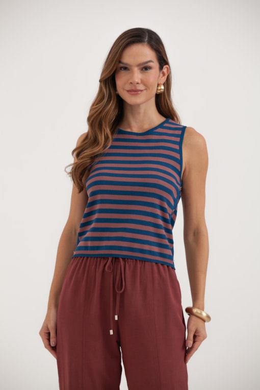 Regata Tricot Listrada Botões Laterais Azul
