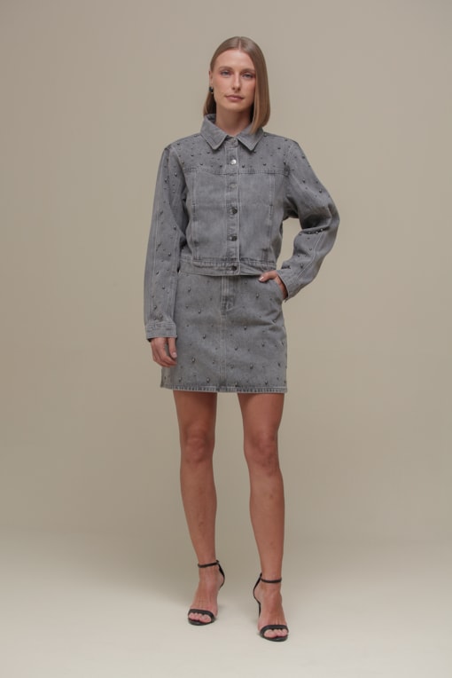 Saia Curta Jeans com Rebites Cinza