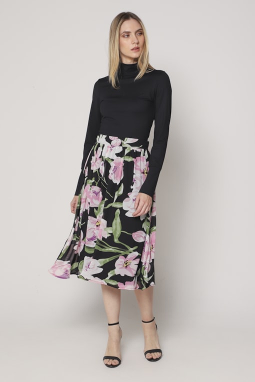 Saia Mídi Chiffon Floral  Preto