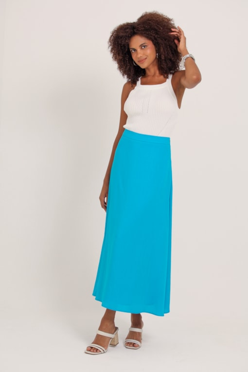 Saia Midi De Linho Azul