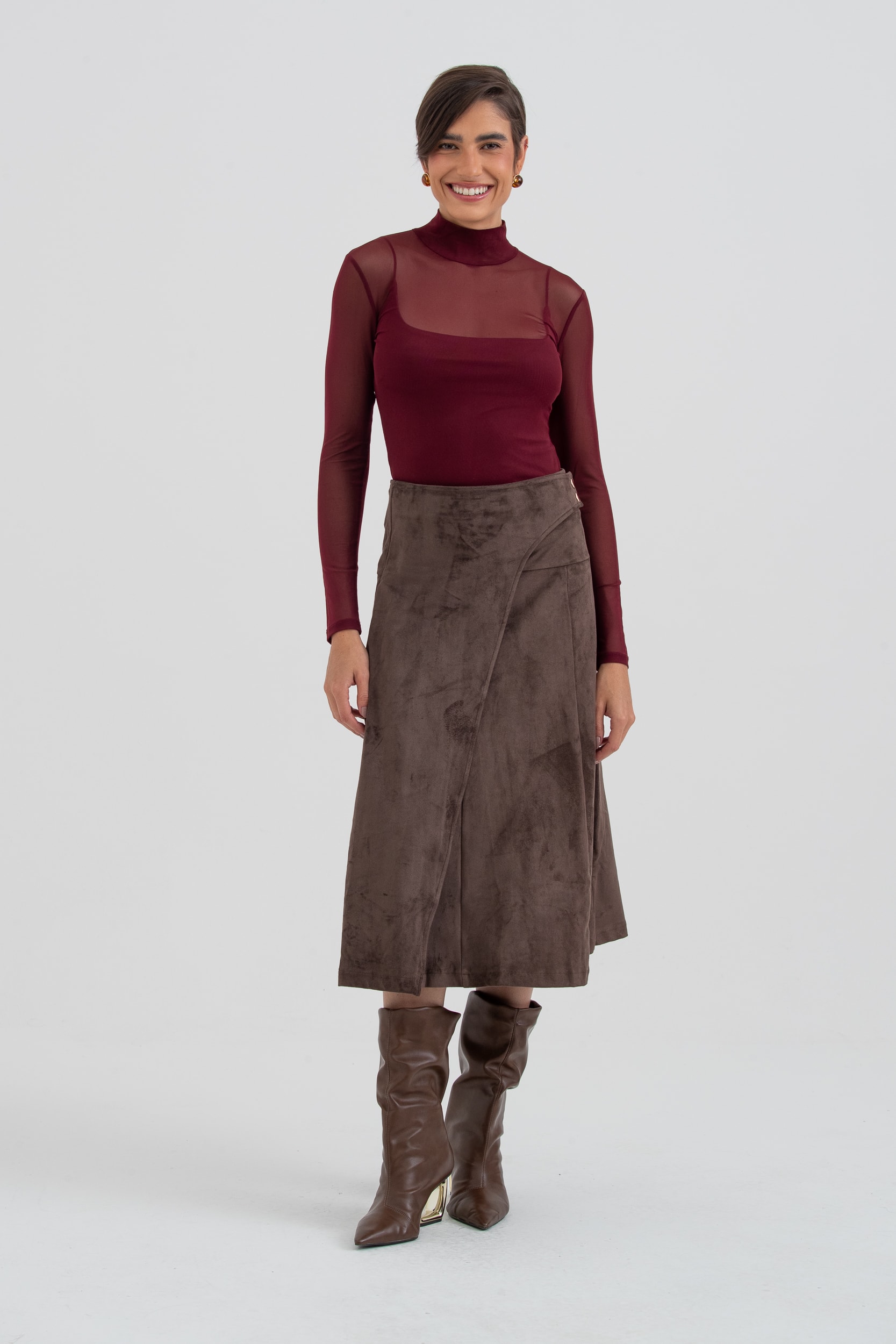 Saia Midi Suede Marrom