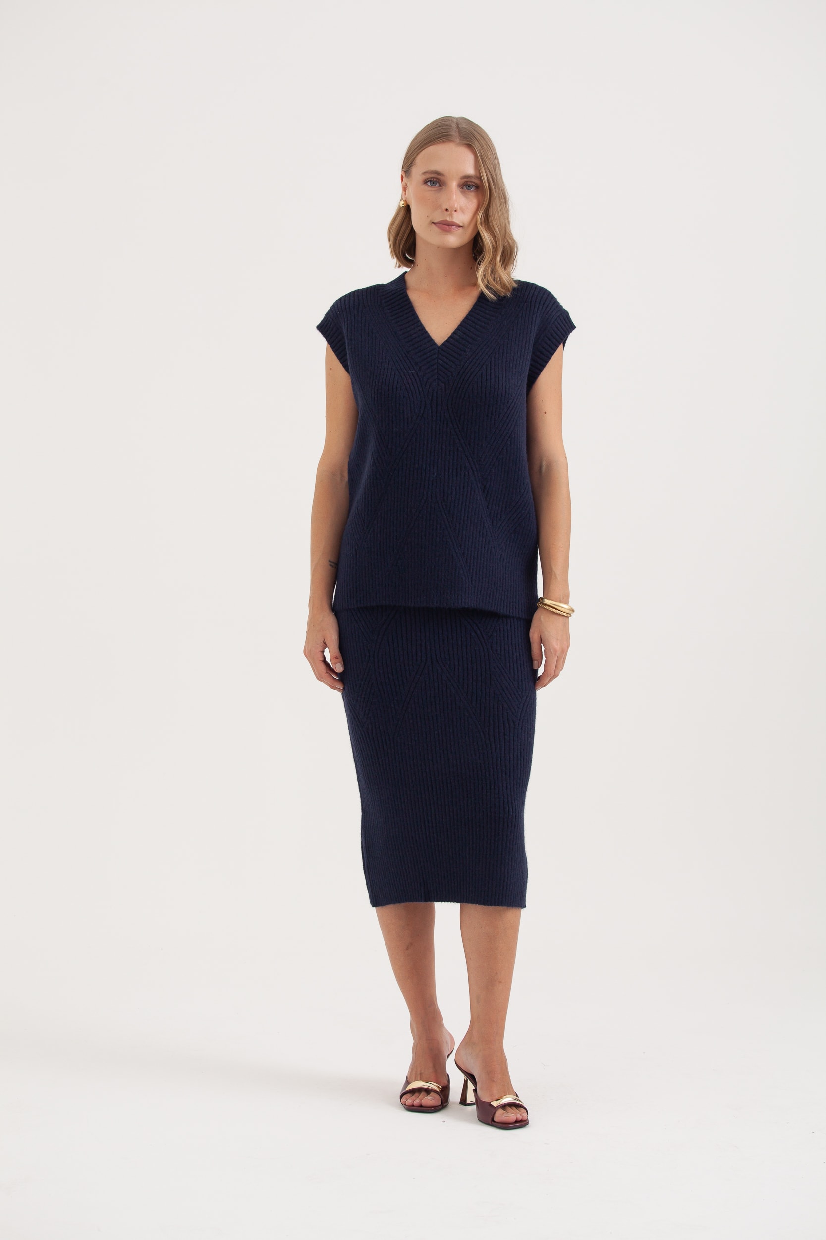 Saia Midi Tricot Canelada Marinho