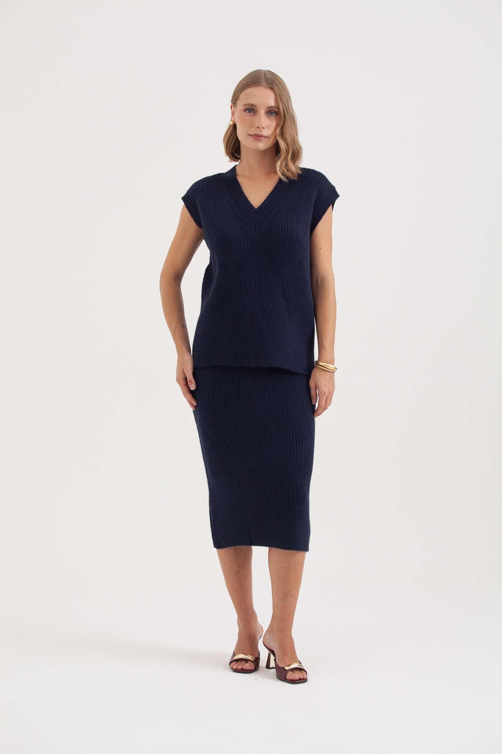 Saia Midi Tricot Canelada Marinho 
