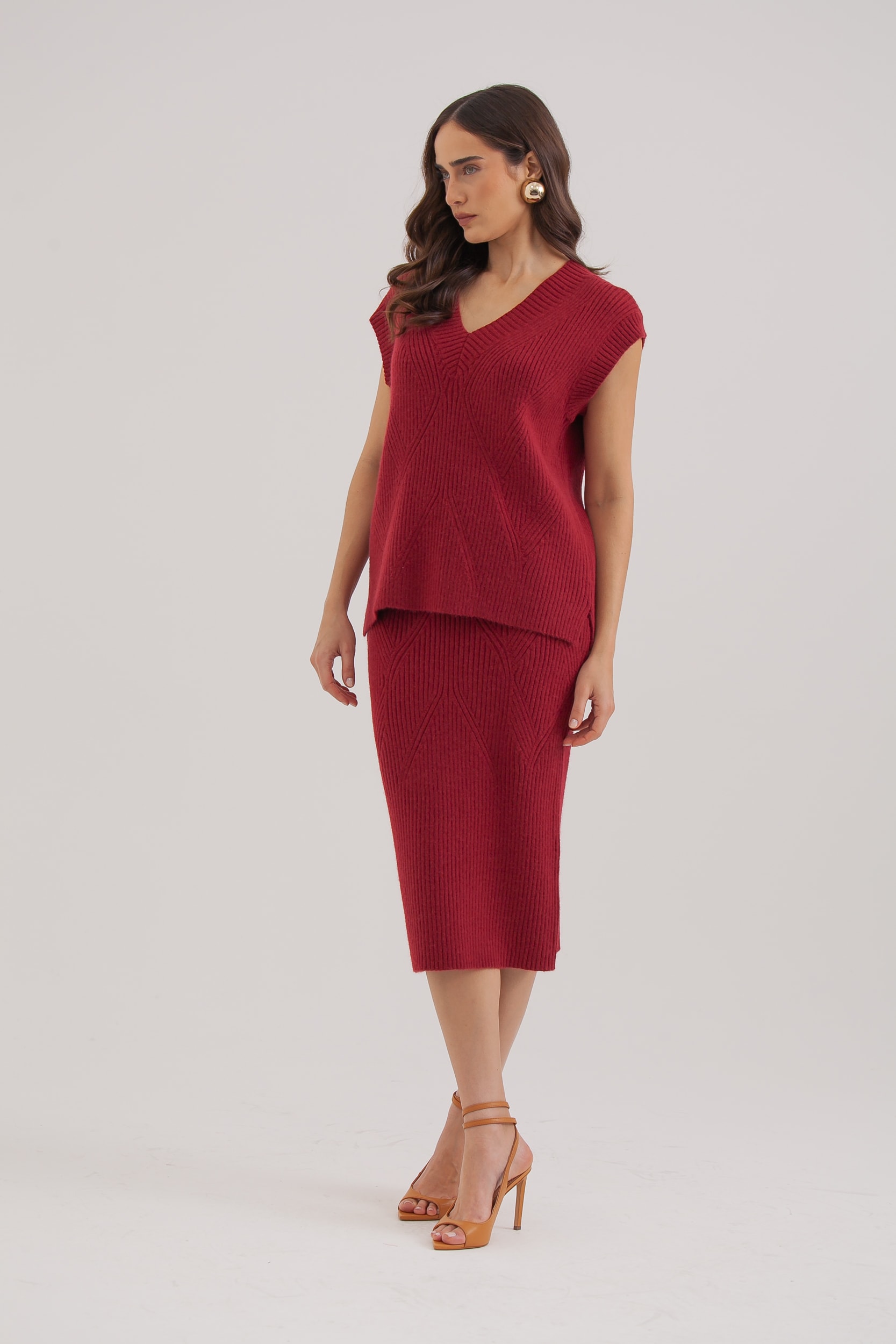 Saia Midi Tricot Canelada Vinho
