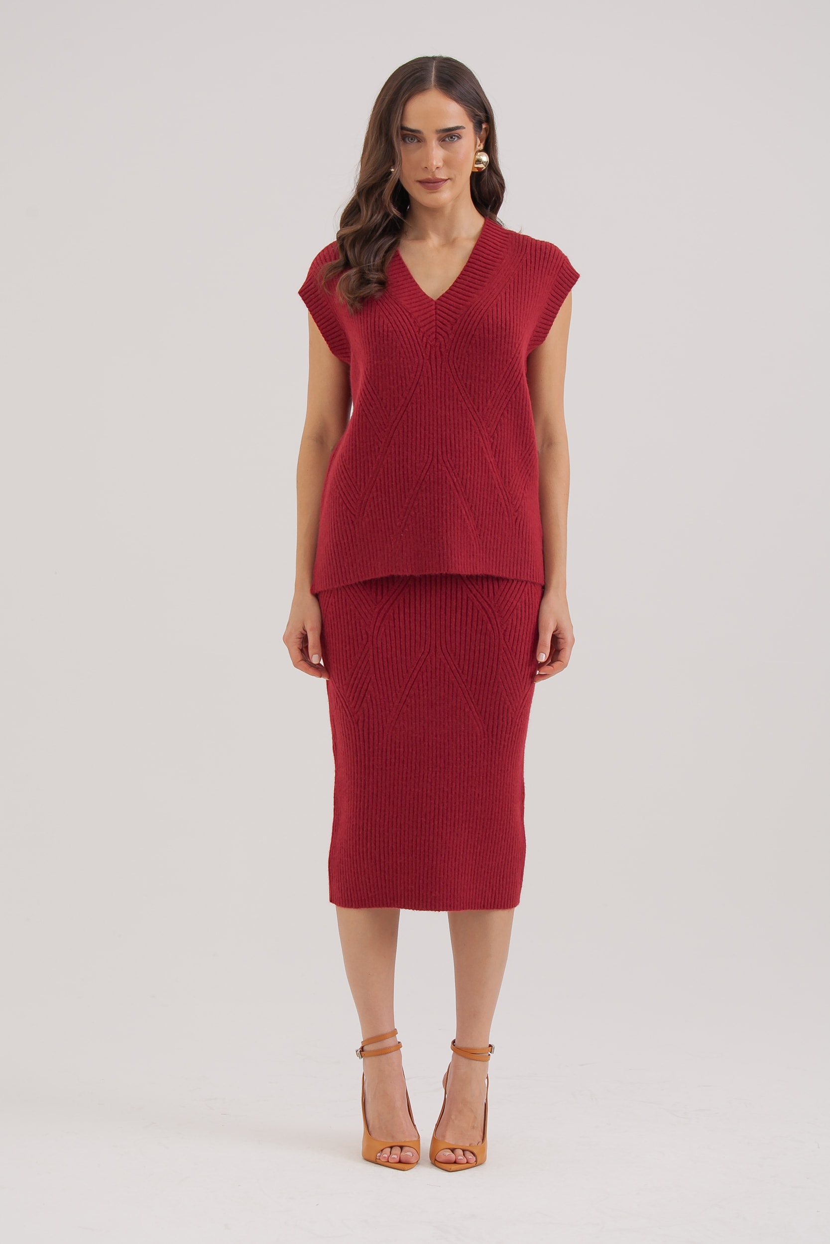 Saia Midi Tricot Canelada Vinho