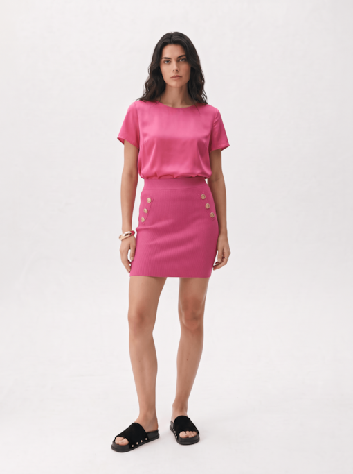 Saia Mini Tricot Com Botões Pink