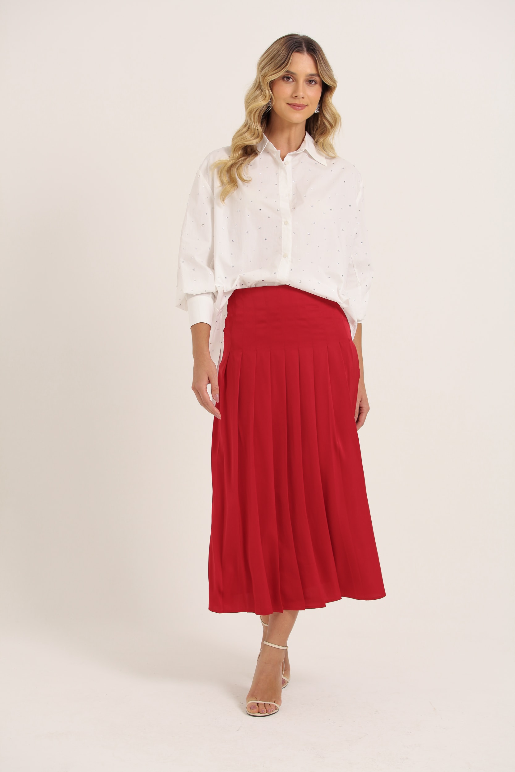 Saia Pregas Midi Vermelho