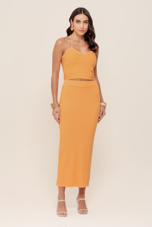 Saia Reta Midi Tricot Laranja